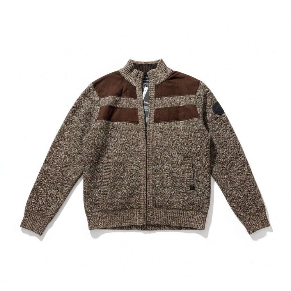 Buffalo David Bitton Mens L Brown Full Zip Mock Neck Sweater Ribbed Knit NWT